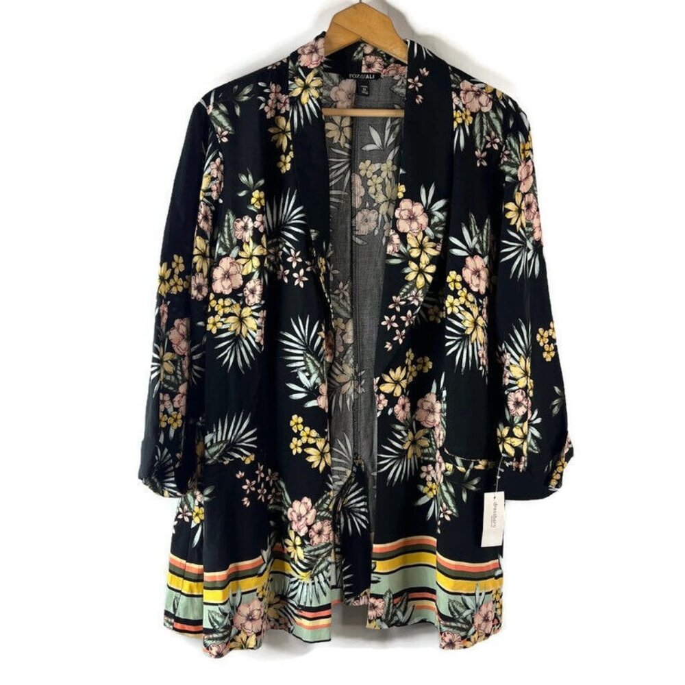 Roz & Ali Womens Open Blazer Jacket Size 2X Black Floral Roll Tab 3/4 Sleeve